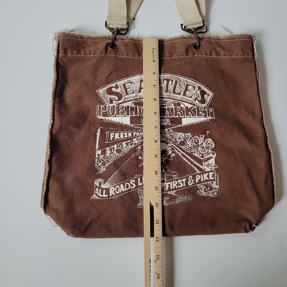 Authentic Pigment Canvas Shopper Tote Brown Seattle Public Market Graphic Vegan - Picture 11 of 15